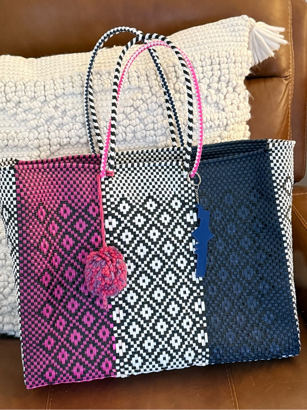 Woven Pink, Black & White Patterned Tote Bag